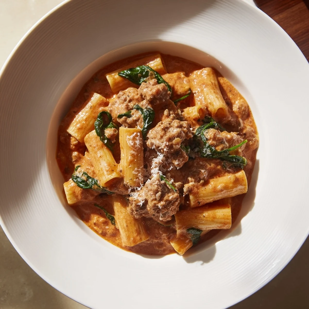 A close-up of a bowl of One-Pot Italian Sausage Tomato Pasta, garnished with Parmesan cheese and basil.
