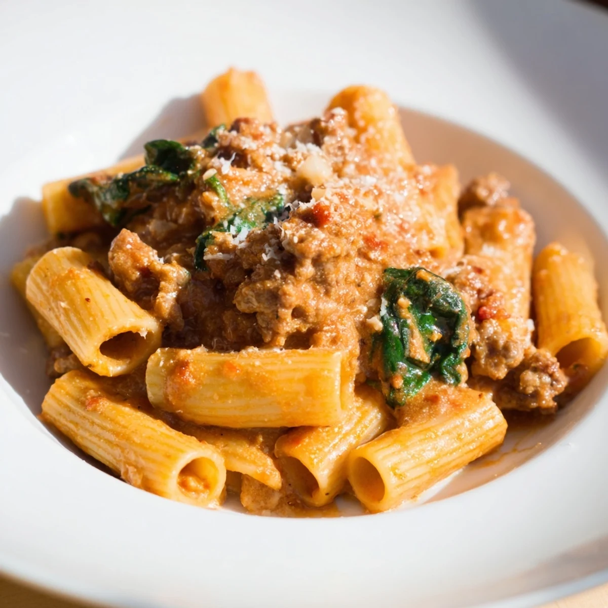 One-Pot Italian Sausage Tomato Pasta, steaming hot, with sausage and creamy sauce visible.