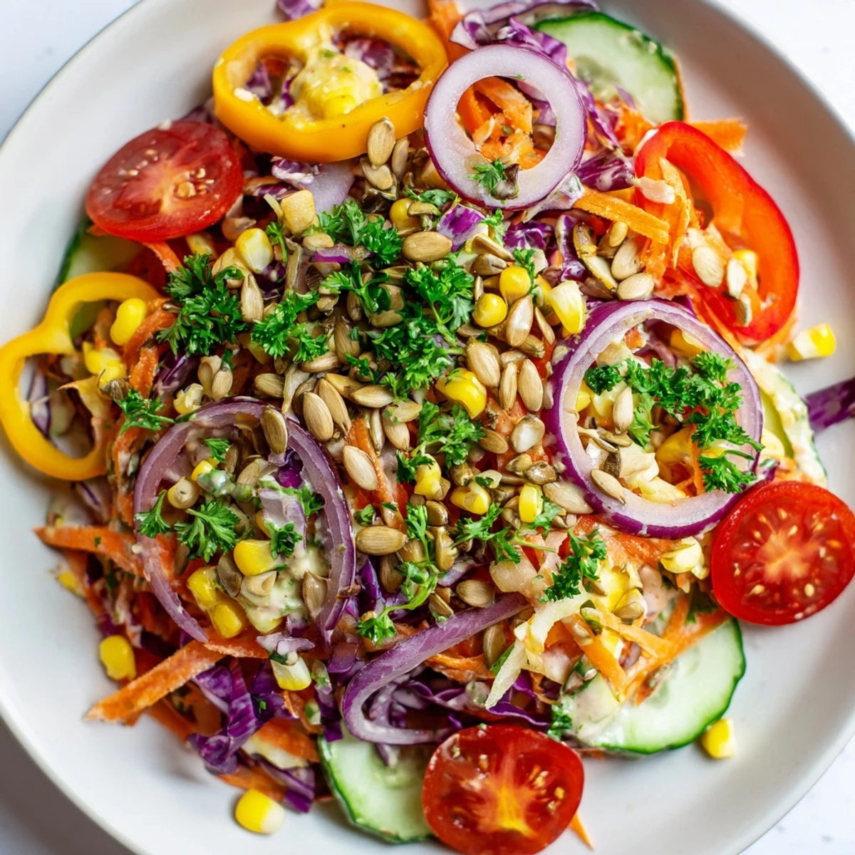Vibrant rainbow salad bursting with colorful sliced vegetables, drizzled with creamy tahini dressing.