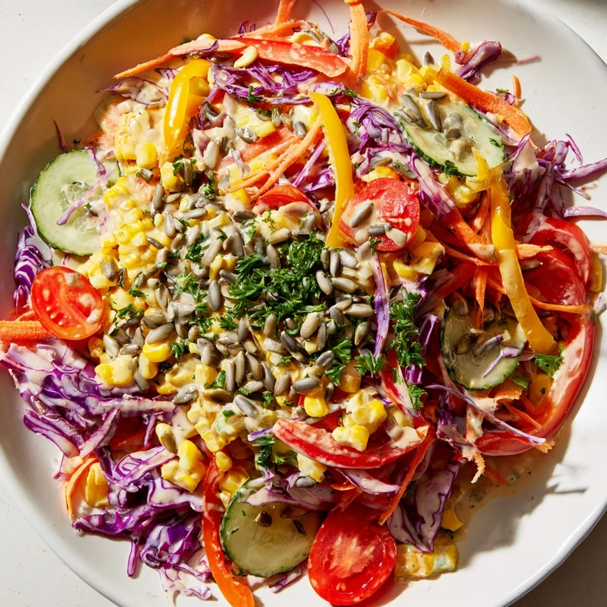 A healthy and refreshing rainbow salad, featuring crisp vegetables and a tangy tahini dressing, delicious!