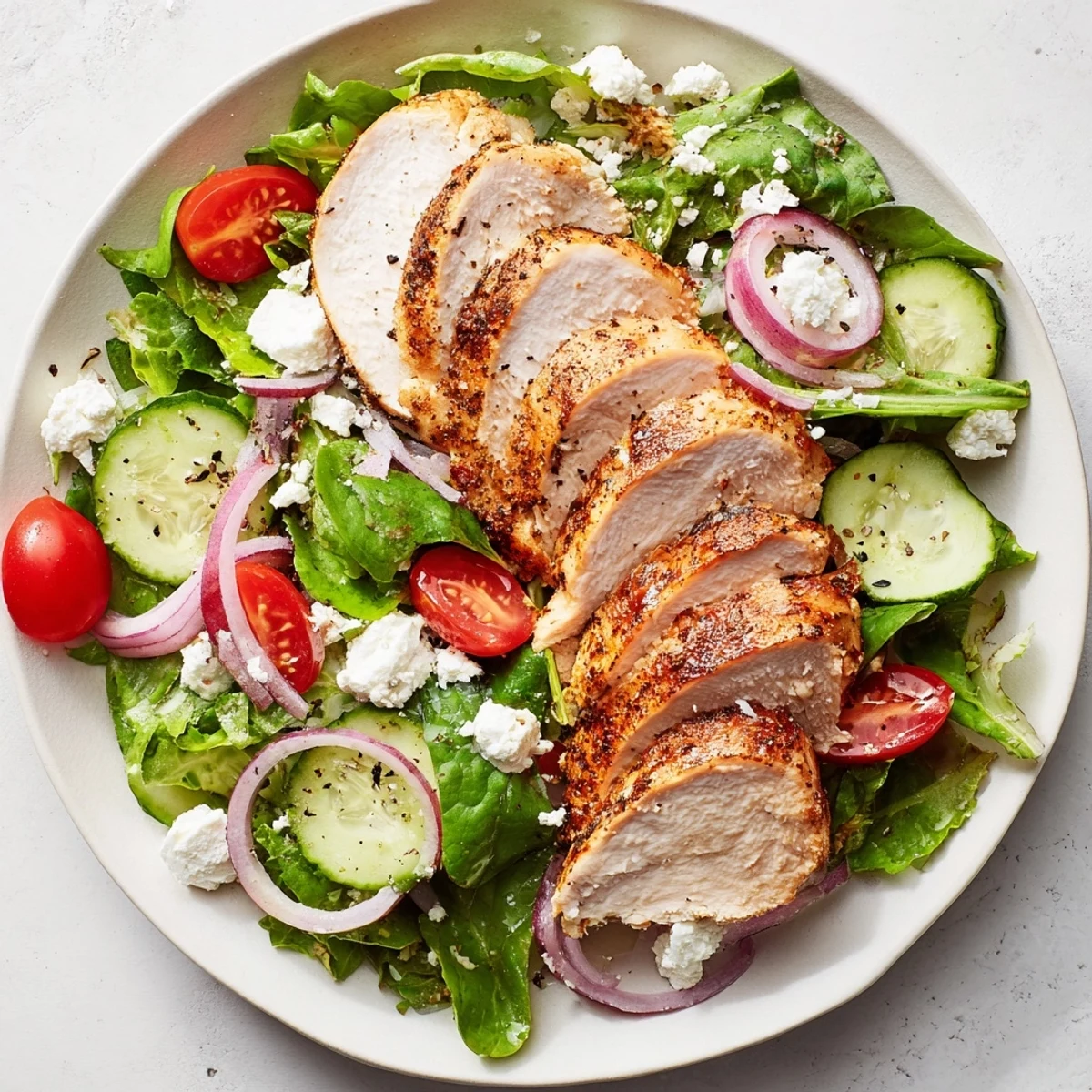 Golden, pan-seared chicken salad: sliced chicken rests on fresh greens with ripe tomatoes, ready to serve.