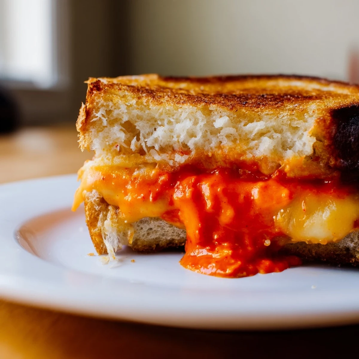 Golden-brown Spiked Grilled Cheese with sriracha mayo, a crispy crust and melted cheese, perfect for lunch.