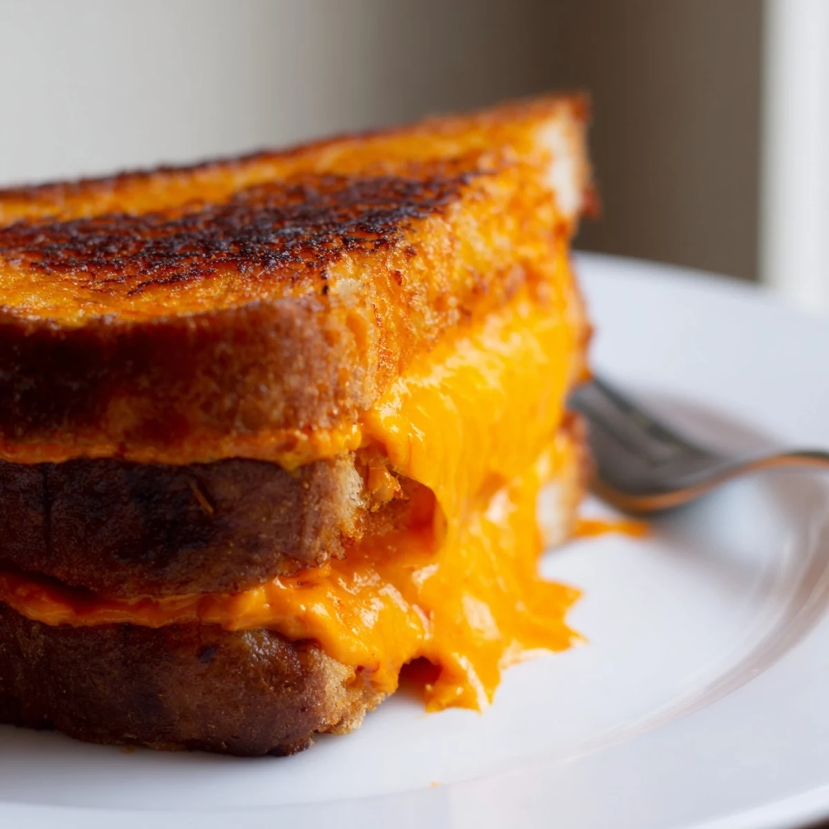 A close-up shot of a melty Spiked Grilled Cheese, showcasing the spicy sriracha mayo’s vibrant color.