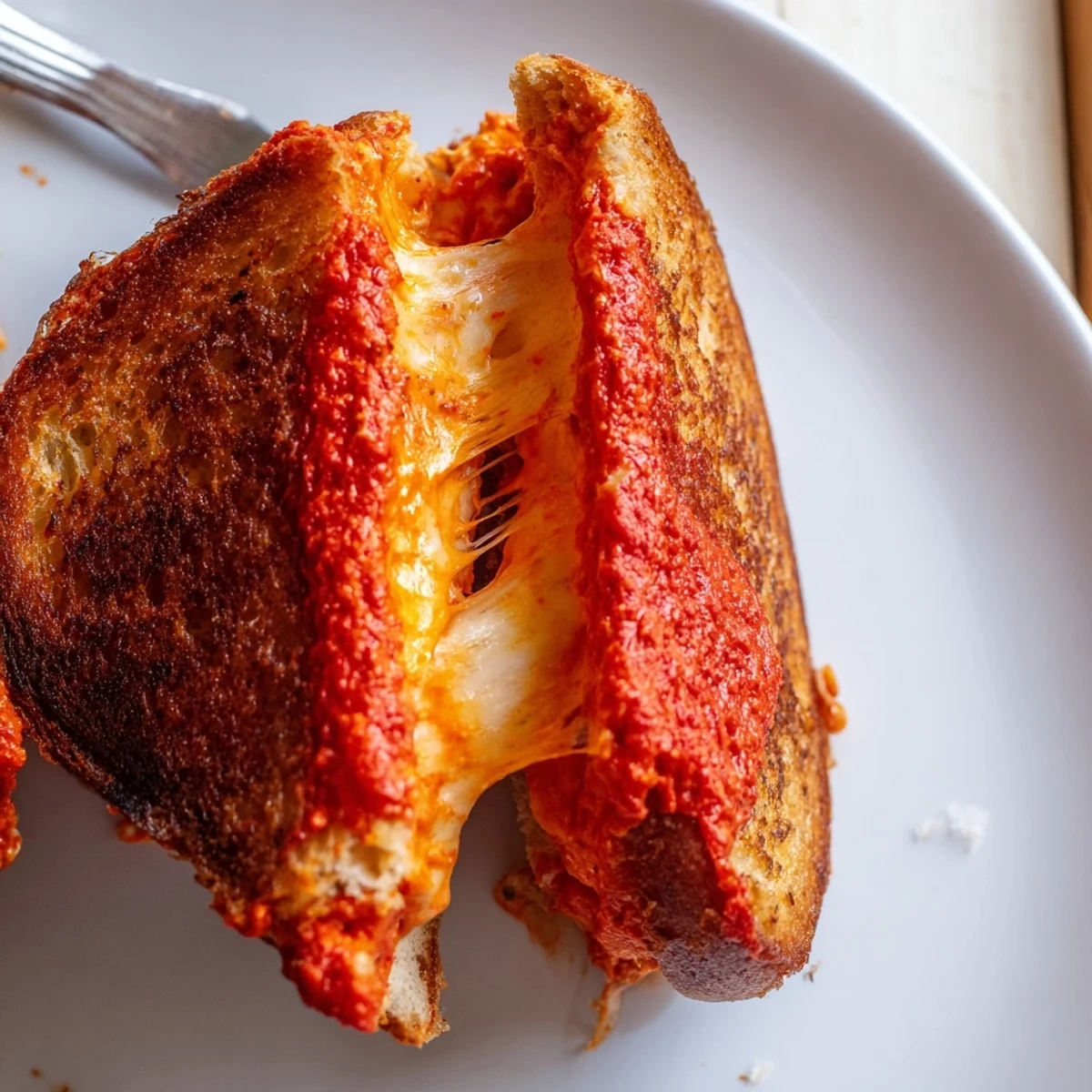 Sliced Spiked Grilled Cheese revealing the gooey cheddar, with a side of extra sriracha mayo for dipping.