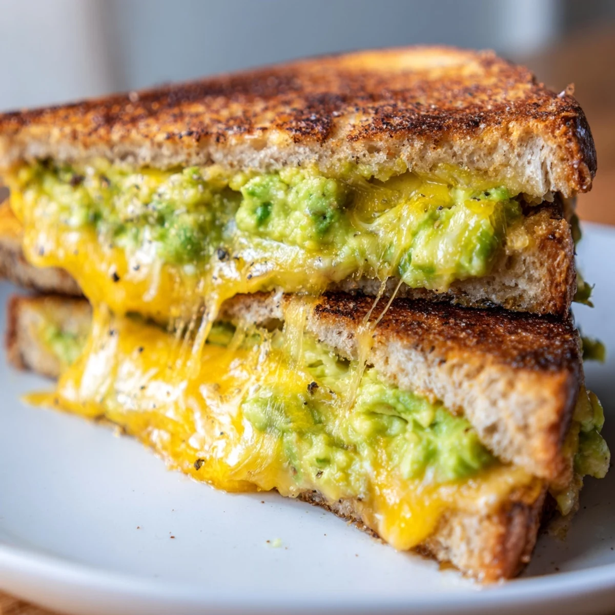 Enjoy a warm Avocado Toast Grilled Cheese with golden, crispy bread and a gooey cheese center.