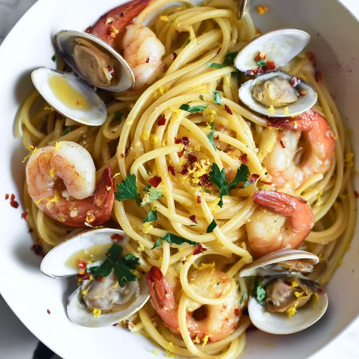 Steaming Seafood Pasta Aglio e Olio with plump shrimp and clams, ready to serve with fresh parsley.