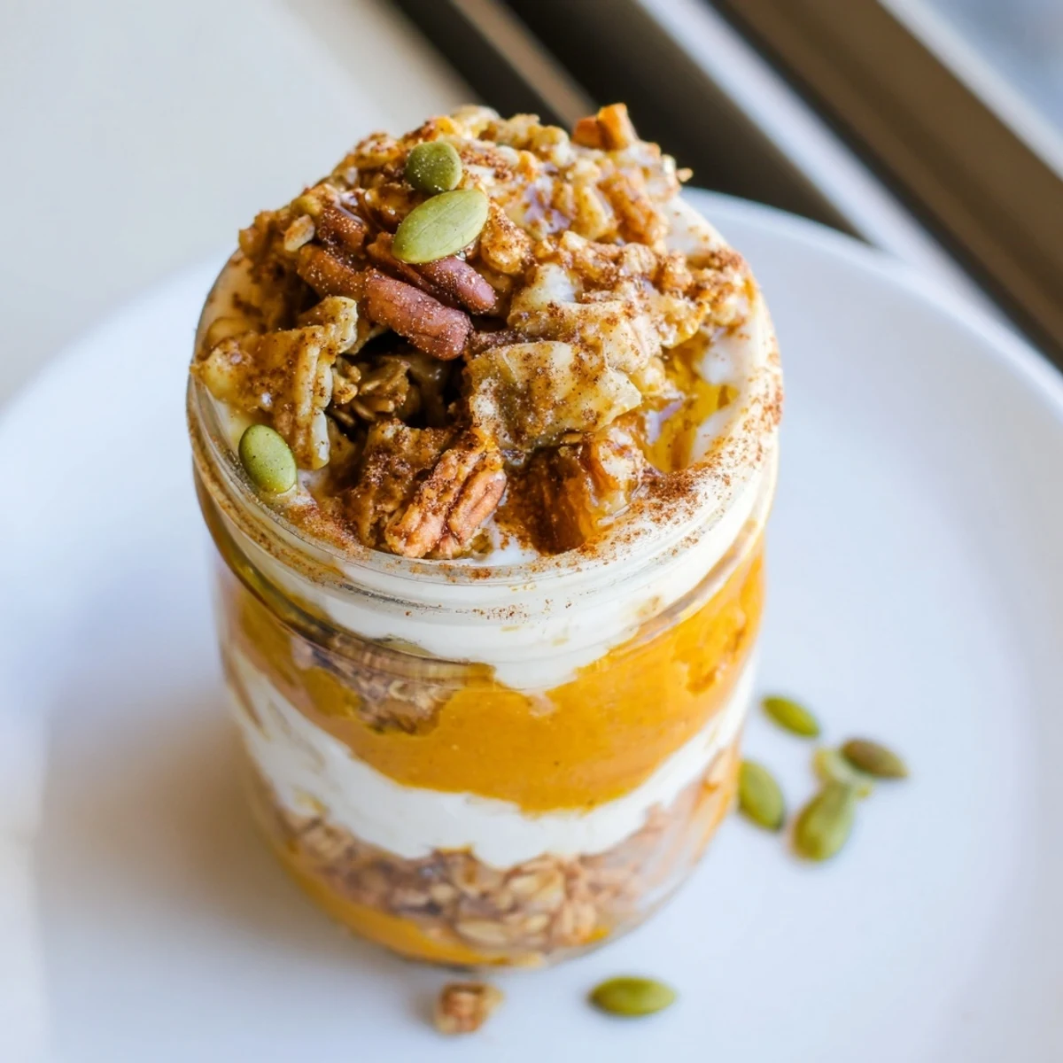 A layered Pumpkin Yogurt Parfait, showing swirls of pumpkin and creamy yogurt, ready to eat.