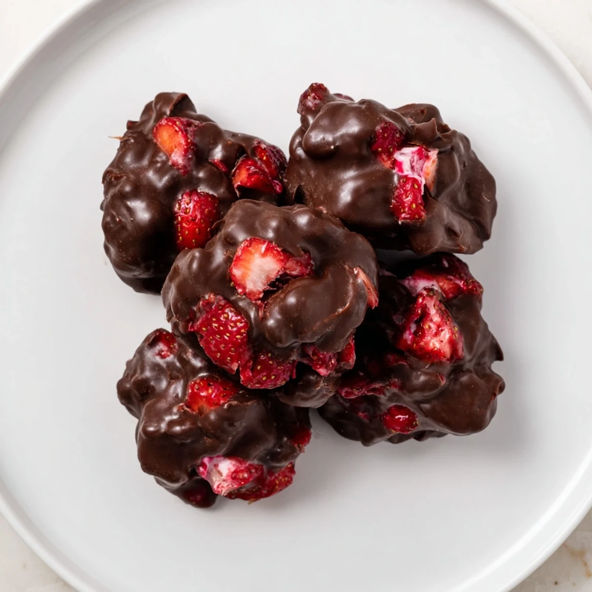 Bite into rich, chocolate-covered strawberry yogurt clusters, a delightful frozen treat.