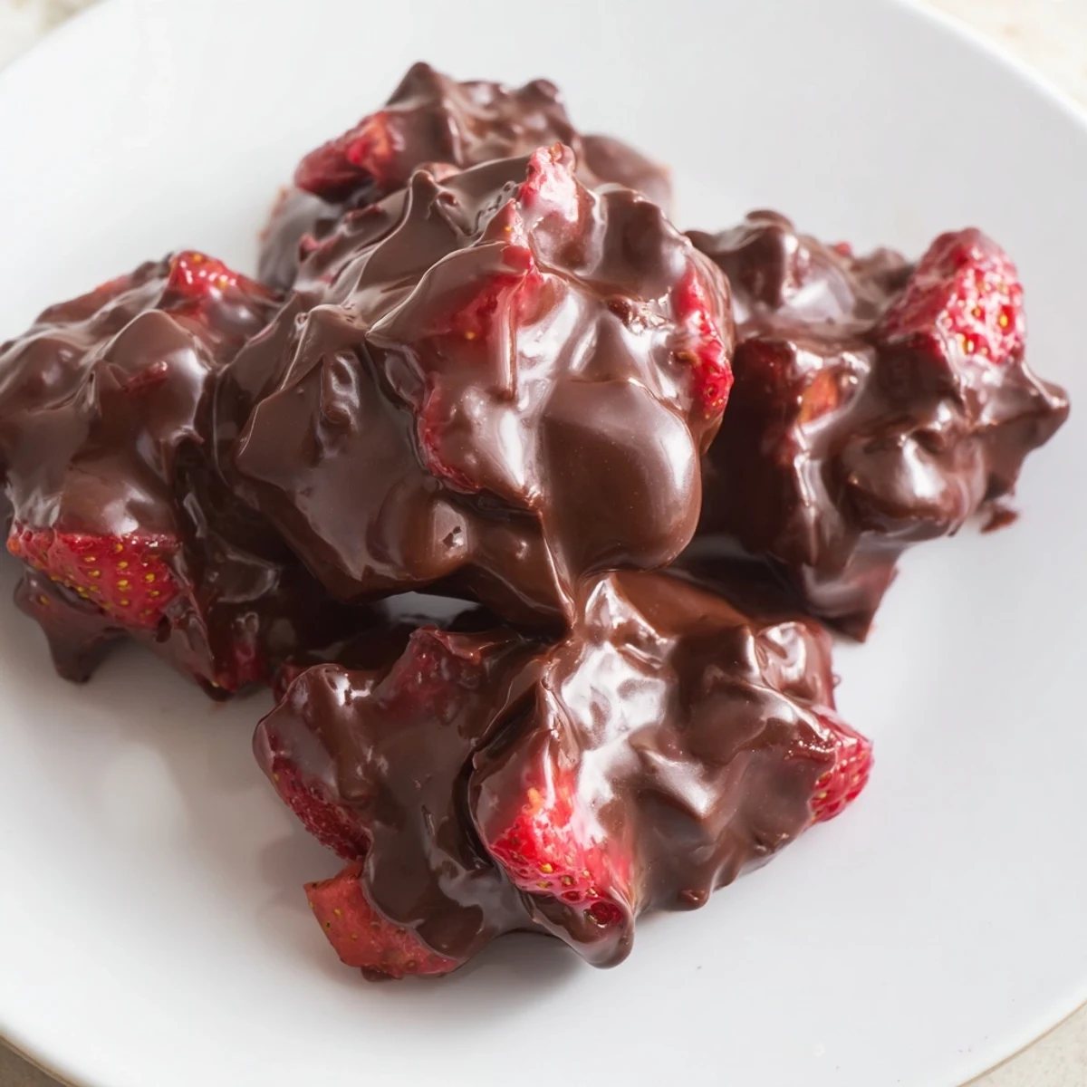 Homemade strawberry yogurt clusters with a shiny chocolate shell, perfect for summer.