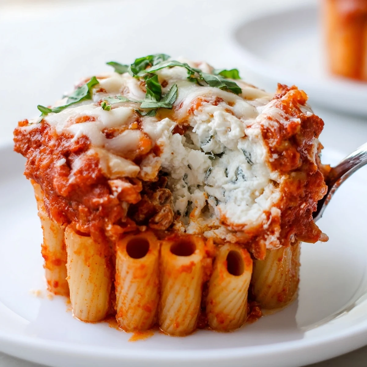 Golden, bubbly Baked Ziti Cups, ready to eat, are filled with cheesy goodness over pasta.