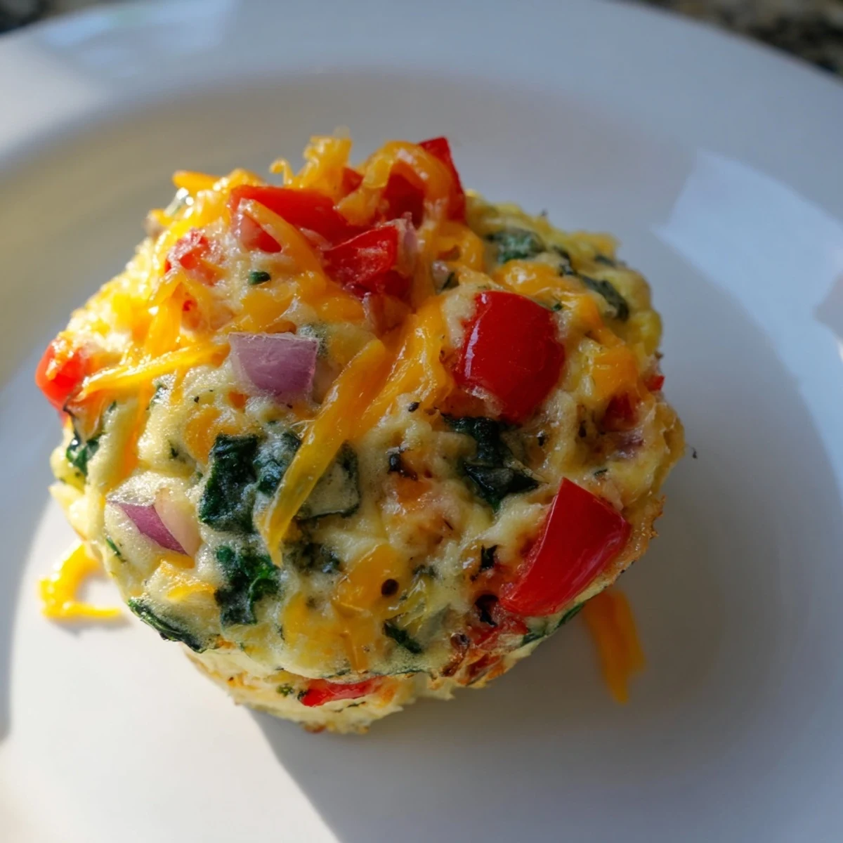 These savory veggie egg muffins, fresh from the oven, offer a quick protein-packed breakfast option.