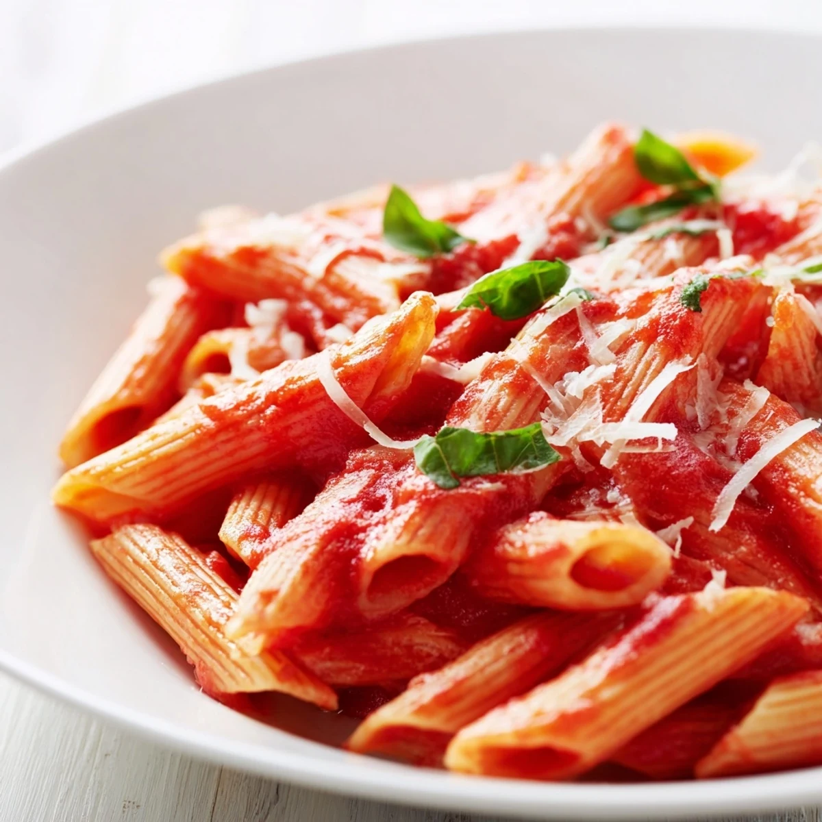 Steaming bowl of Microwave Bowl Pasta, coated in rich marinara; ready to enjoy.