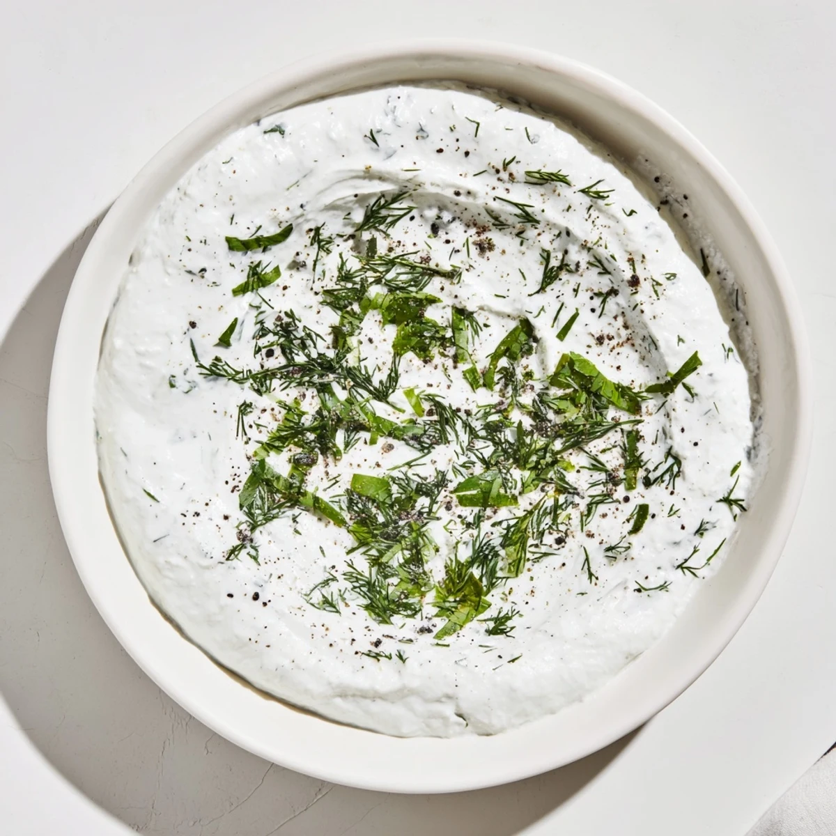 A close-up of creamy, herb-flecked Greek Yogurt Herb Dip, perfect with crisp veggie sticks.
