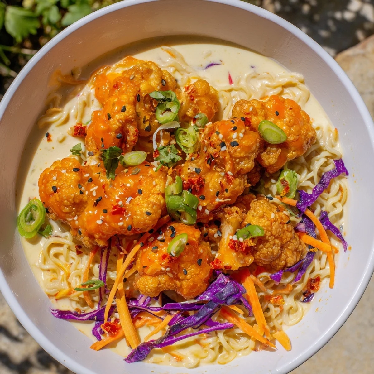 Crispy buffalo cauliflower florets crown a bowl of flavorful Chaos Cooking Buffalo Cauliflower Ramen.