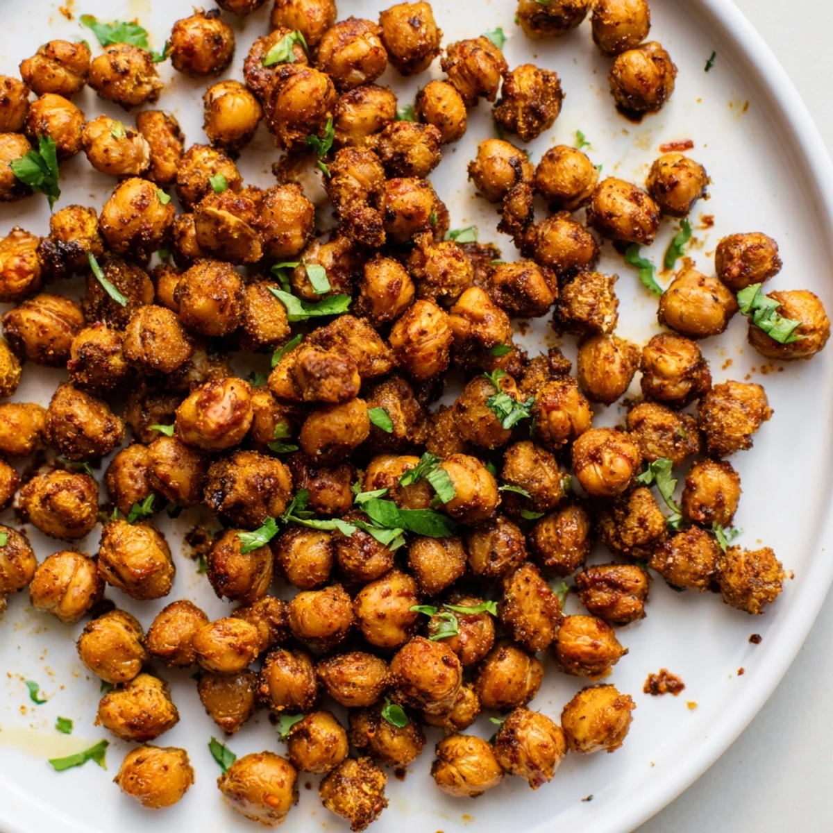 Golden-brown Harissa Chickpea Roast, perfectly crisp with smoky spices, ready for a satisfying, spicy snack.