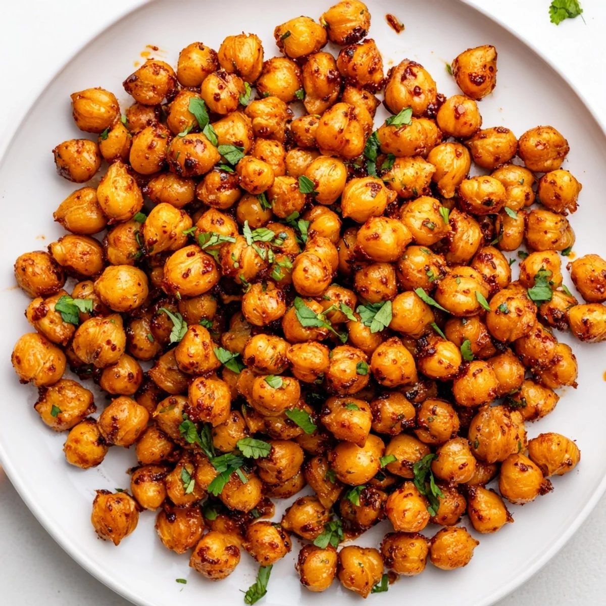 Close-up of crispy, flavorful Harissa Chickpea Roast offering a flavorful vegan snack bursting with textures.