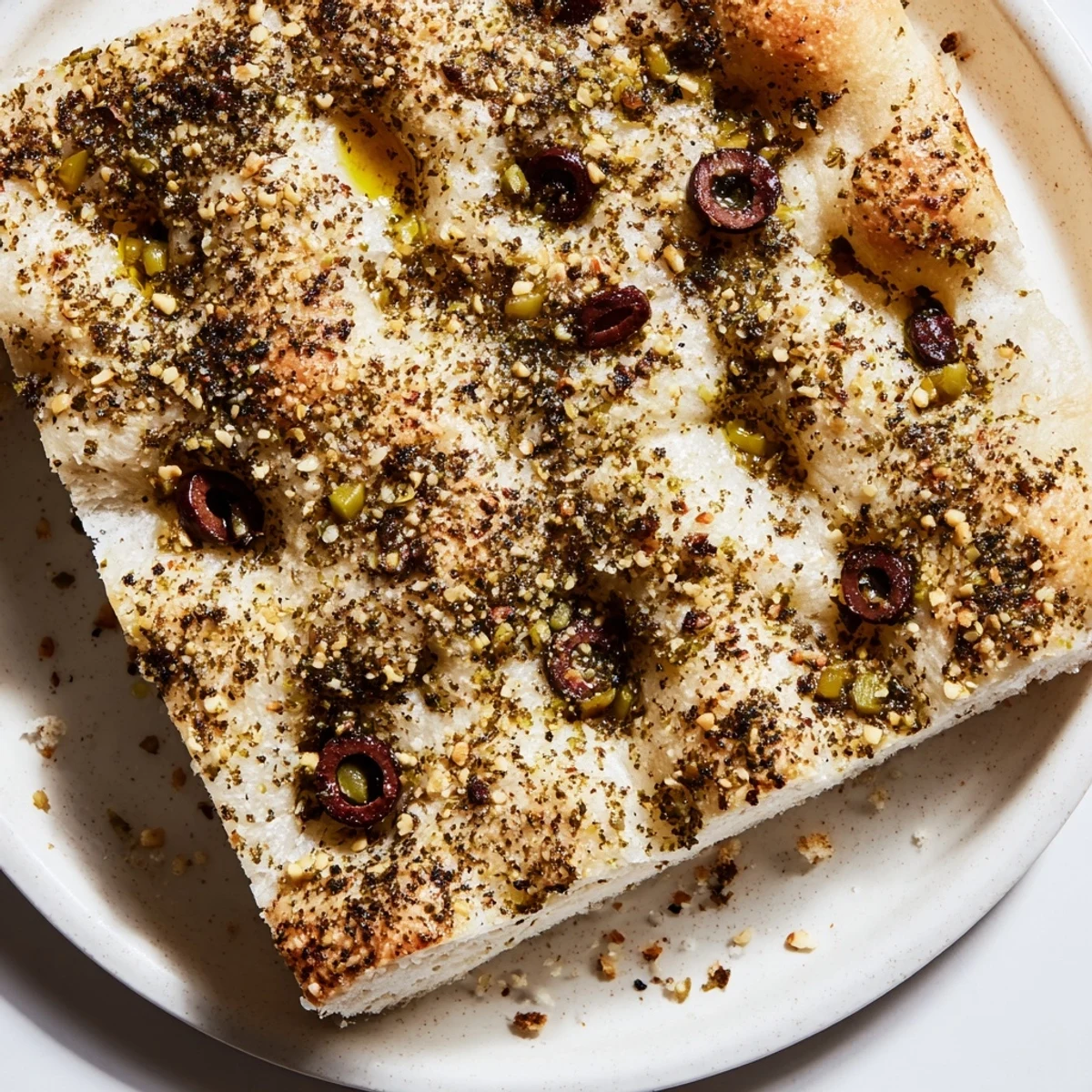 Golden-brown Zaatar Olive Focaccia with scattered olives, ready to slice and serve warm.
