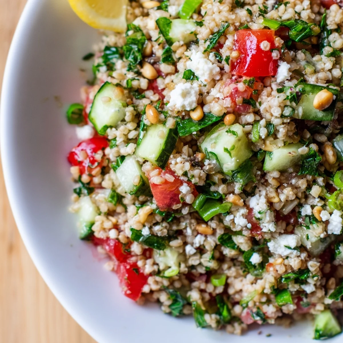 Close-up of a refreshing tabbouleh grain bowl with bulgur wheat and optional feta, perfect for lunch.
