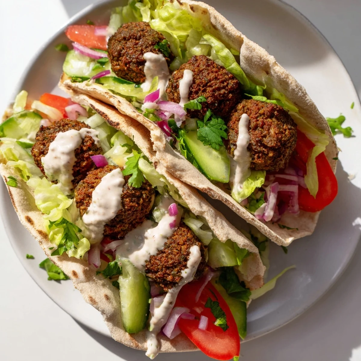 Close-up of a delicious falafel pita pocket, piled high with falafel and drizzled tahini dressing.