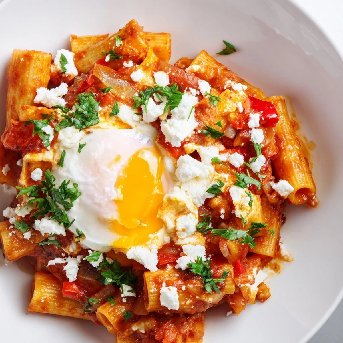 Fragrant Shakshuka Baked Pasta with runny eggs and bubbling cheese, ready to serve with fresh herbs.