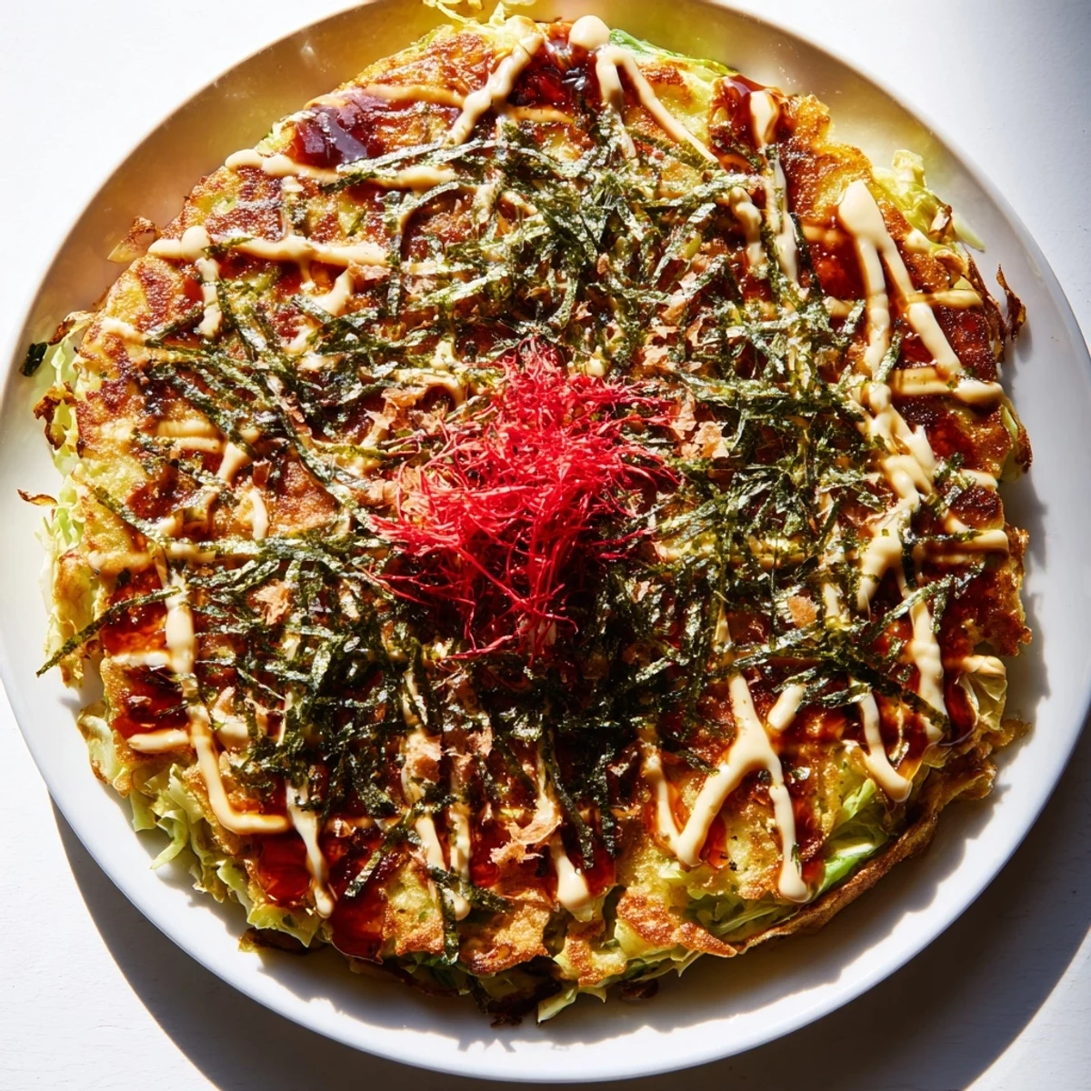 A close-up of a fluffy Japanese Okonomiyaki Pancake garnished with green onions and pickled ginger on a rustic wooden plate.