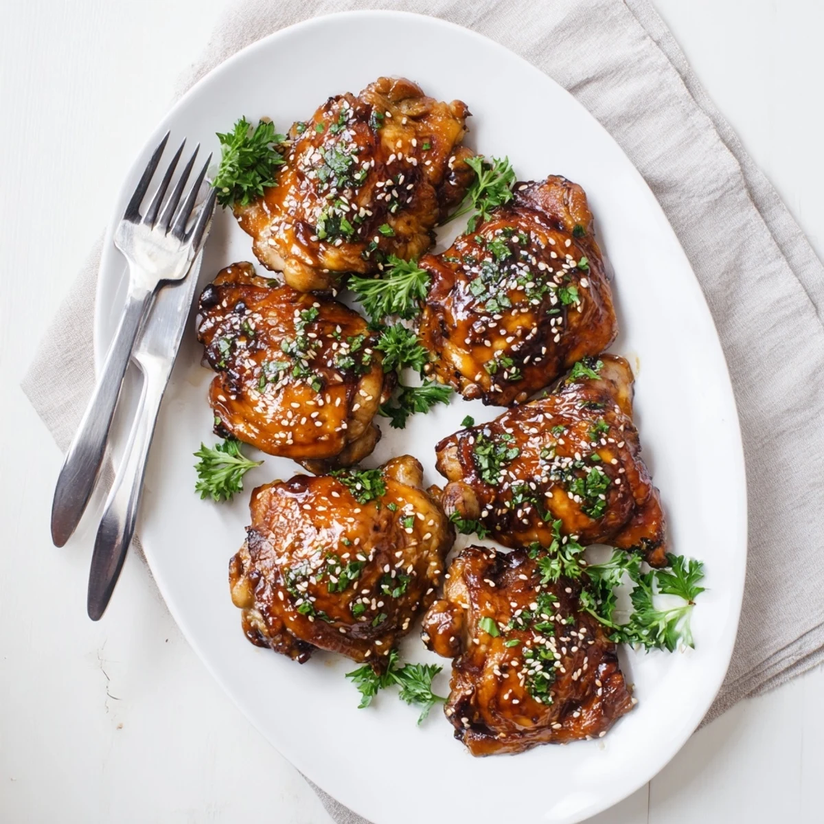 Golden-brown Honey Garlic Glazed Chicken thighs basted with sweet-savory sauce, paired with steamed rice and stir-fried vegetables on a plate.