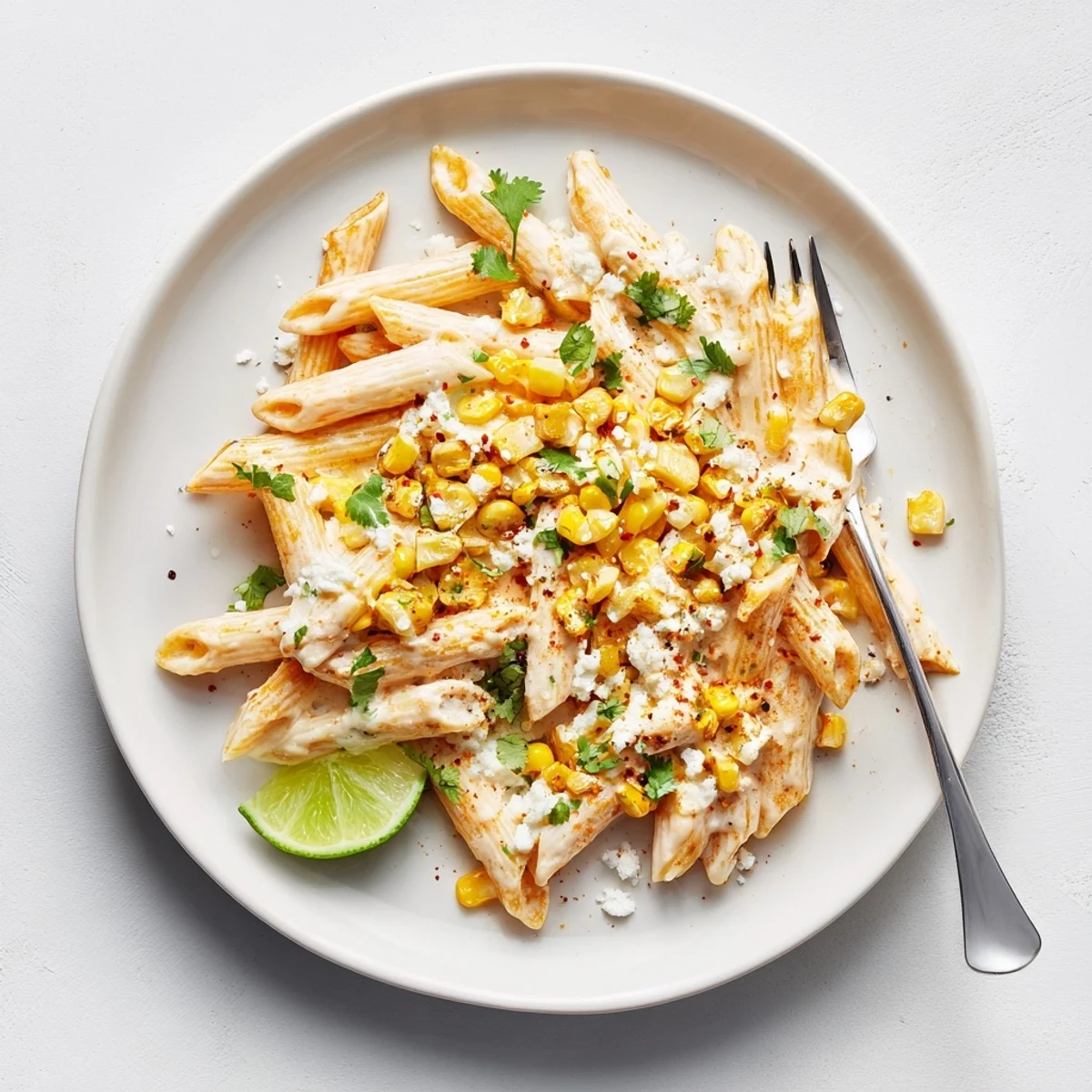 Creamy Mexican Street Corn Pasta with charred corn kernels, crumbled cotija cheese, and fresh cilantro garnish.  