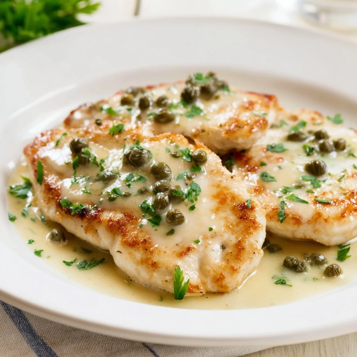 Golden-brown chicken breasts smothered in creamy lemon caper sauce, garnished with fresh parsley over pasta.  