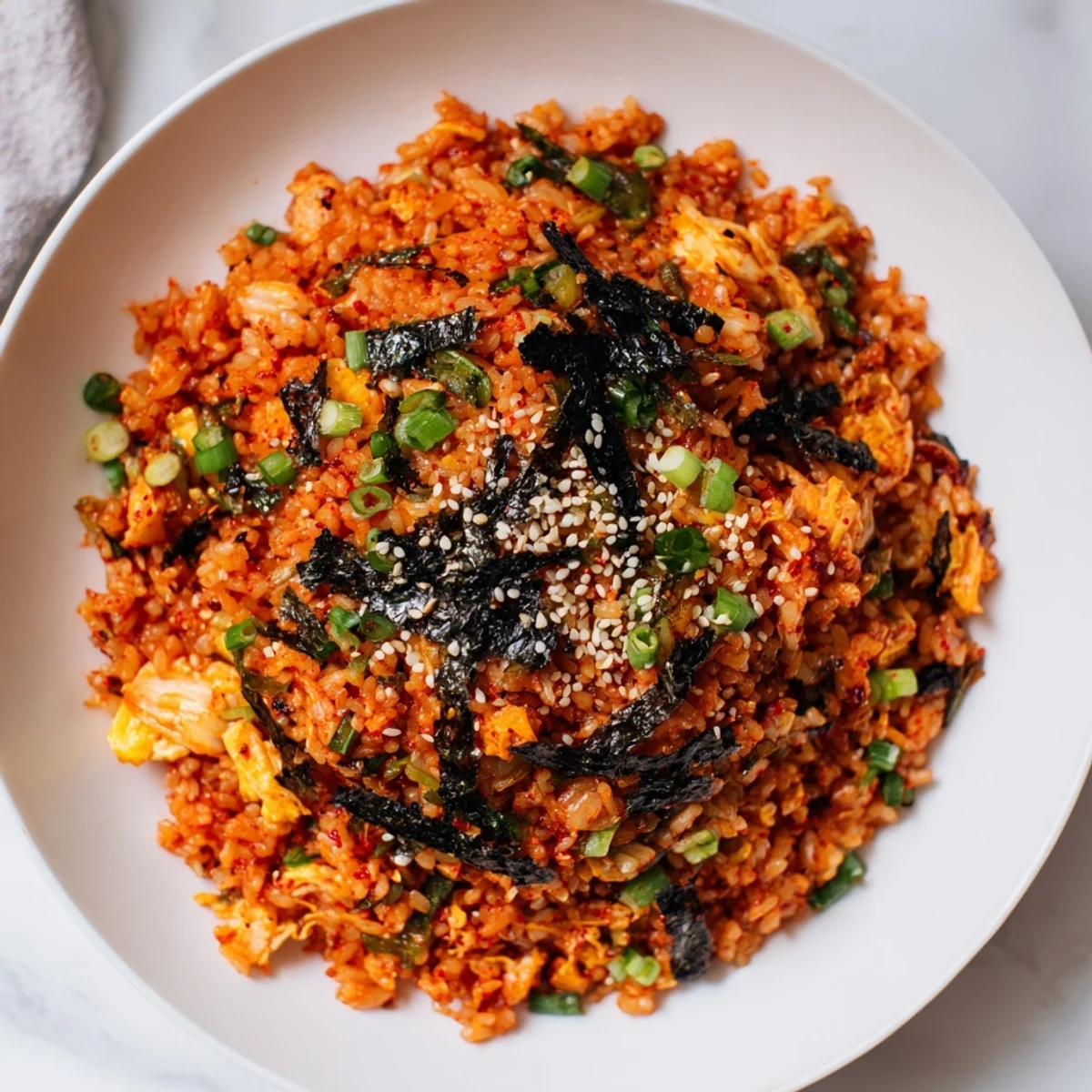 A close-up of colorful Spicy Kimchi Fried Rice featuring crisp vegetables and tender scrambled egg ribbons.