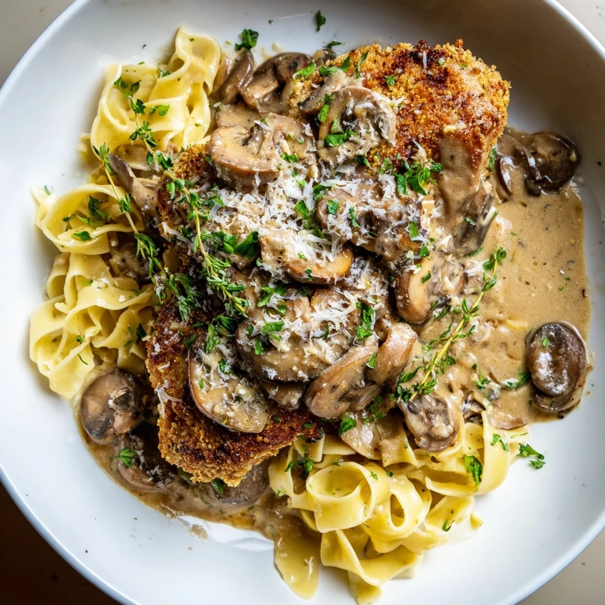 Golden-brown, pan-seared chicken breasts nestled in a rich, creamy Marsala sauce with sautéed mushrooms, served over fettuccine.  