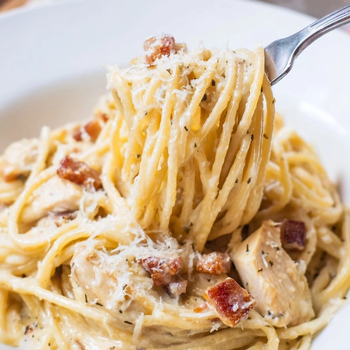 Shredded chicken and al dente spaghetti in a glossy egg-Parmesan sauce, topped with black pepper and parsley.