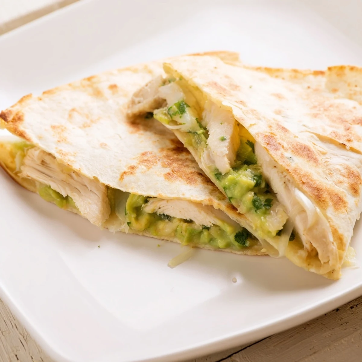 Golden-brown Chicken Avocado Quesadilla wedges stuffed with grilled chicken, creamy avocado mash, and melted cheese.