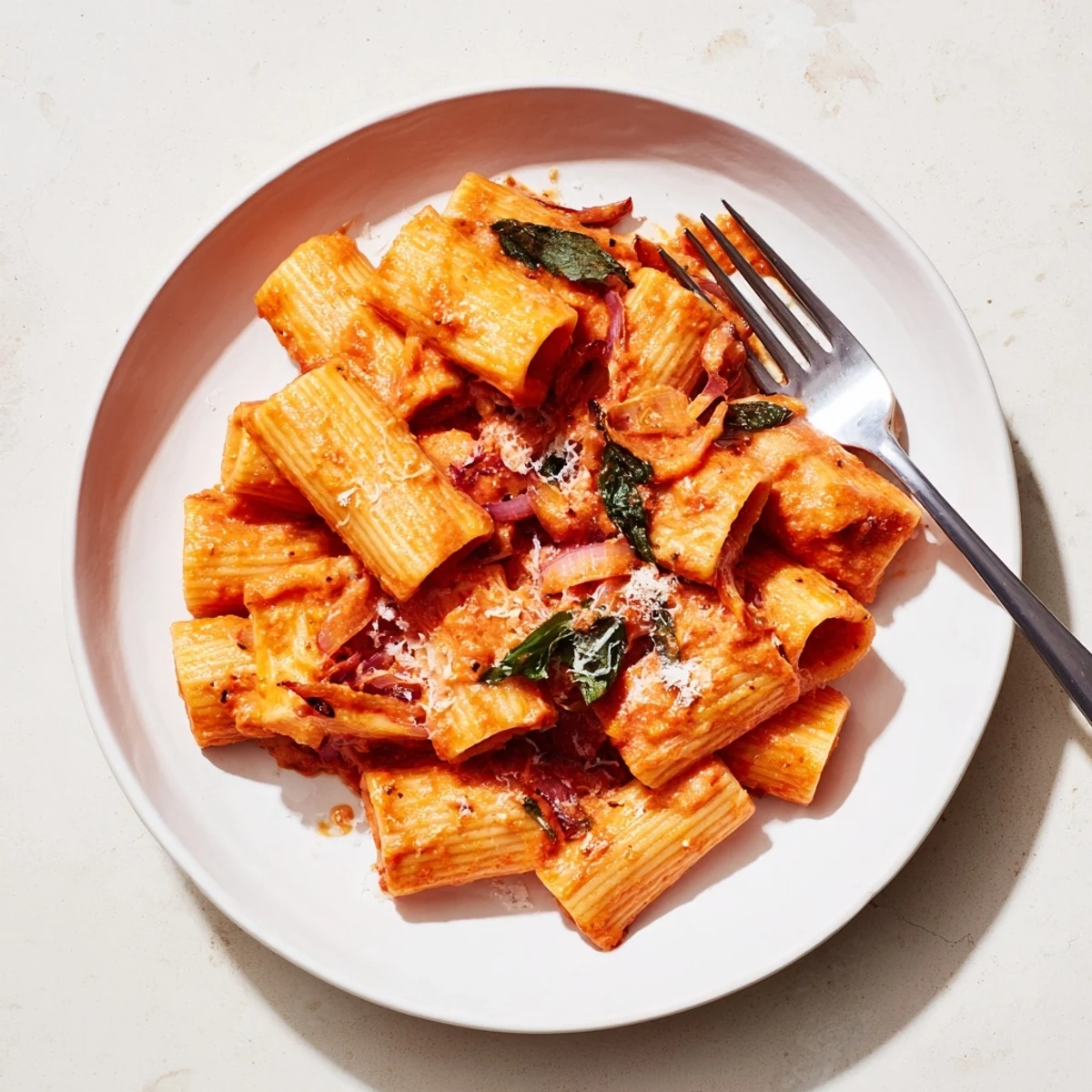 A steaming bowl of spicy rigatoni pasta features creamy tomato sauce clinging to each tube, topped with fresh basil and shaved Parmesan.