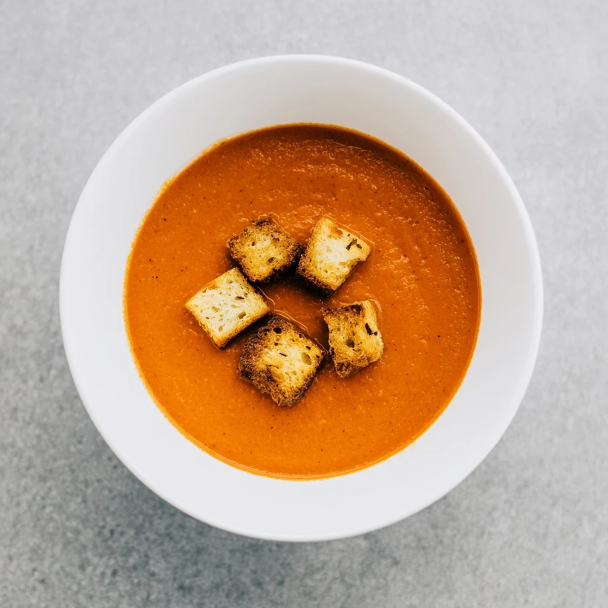 Velvety roasted tomato soup topped with golden, crispy grilled cheese croutons.