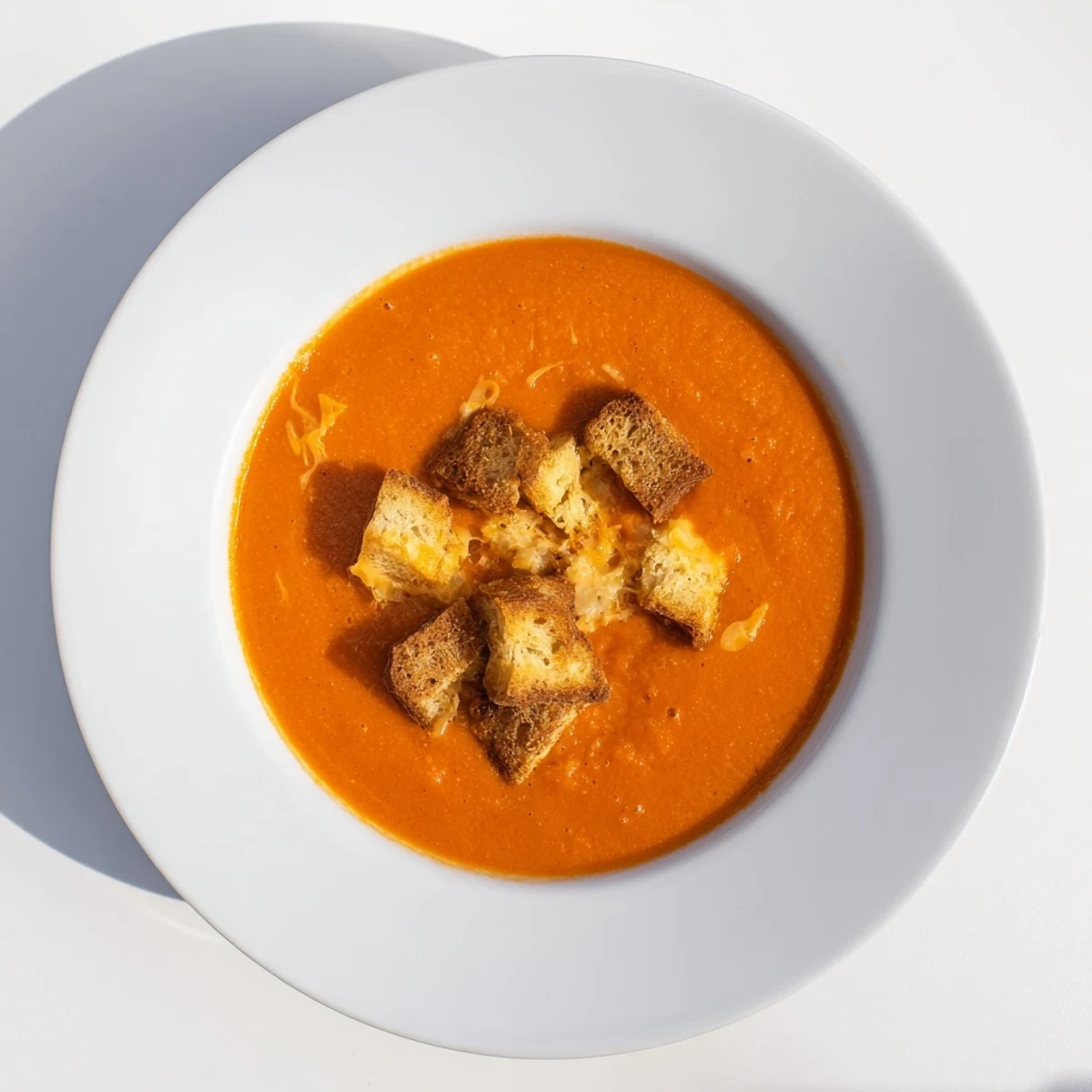 A warm bowl of roasted tomato soup with bubbly cheddar croutons.