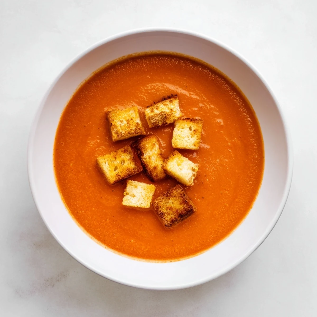 Roasted tomato soup with grilled cheese croutons served in a rustic bowl.