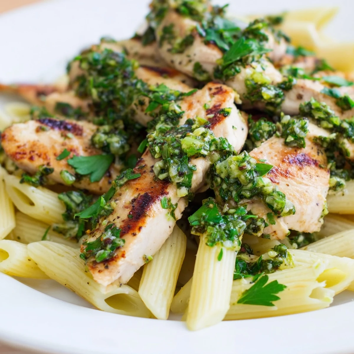 Grilled chicken and penne pasta coated in vibrant, herby chimichurri sauce, garnished with fresh parsley and served warm.