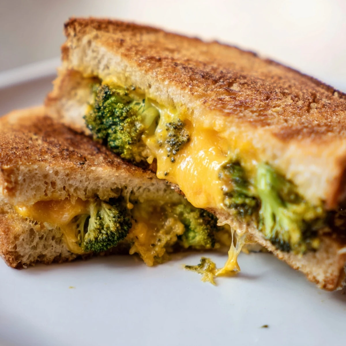 A close-up of Roasted Broccoli & Cheddar Grilled Cheese on a plate, melted cheddar oozing from crispy golden sourdough.