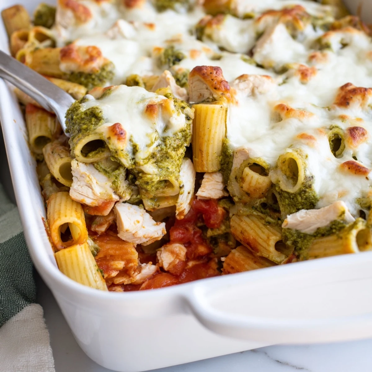 Golden-brown Pesto Chicken Pasta Bake bubbling from the oven, featuring al dente penne, tender chicken, and melted mozzarella in a rich basil sauce.  