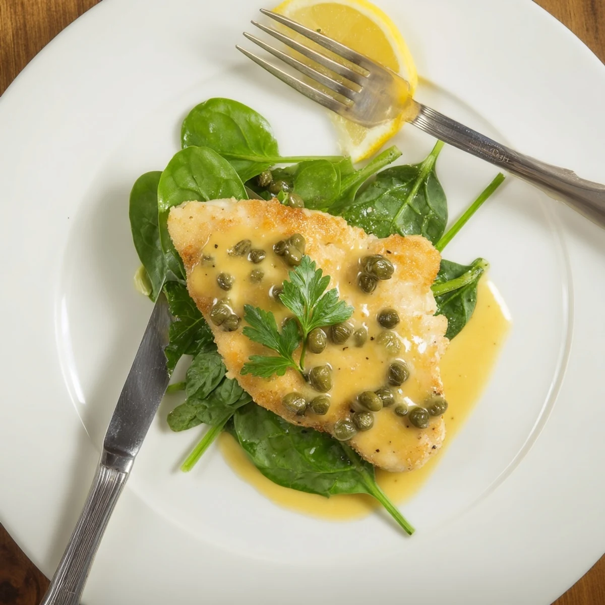 Golden-brown Spinach Lemon Butter Chicken cutlets served over tender spinach, garnished with fresh parsley and lemon slices for a bright, elegant presentation.