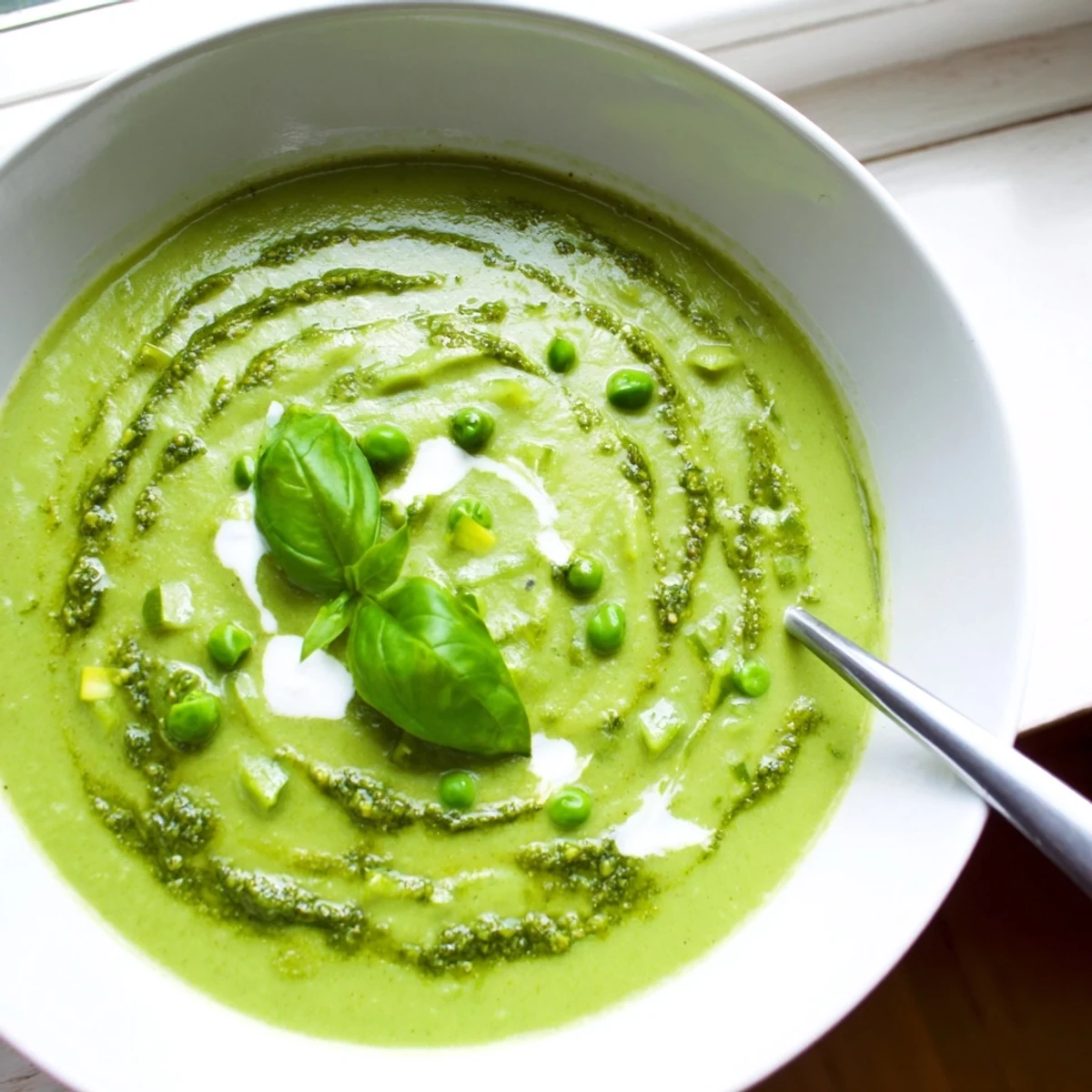 Creamy green Courgette, Pea and Pesto Soup served in a rustic bowl with a swirl of bright basil pesto and fresh herb garnish.  