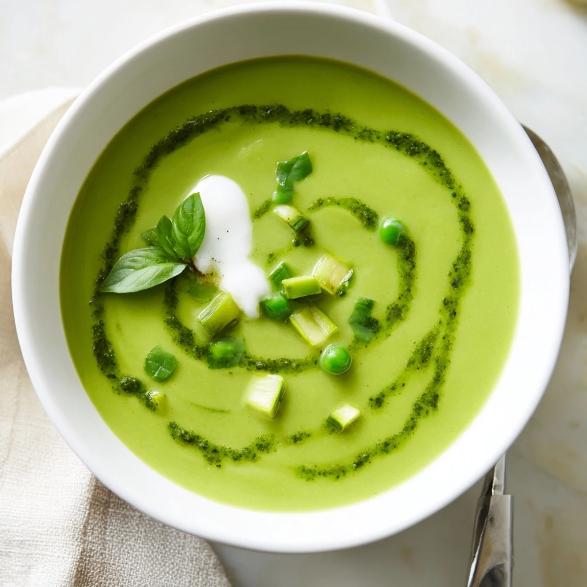 Vibrant spring Courgette, Pea and Pesto Soup with smooth texture and a dollop of crème fraîche, ideal for a light lunch.  
