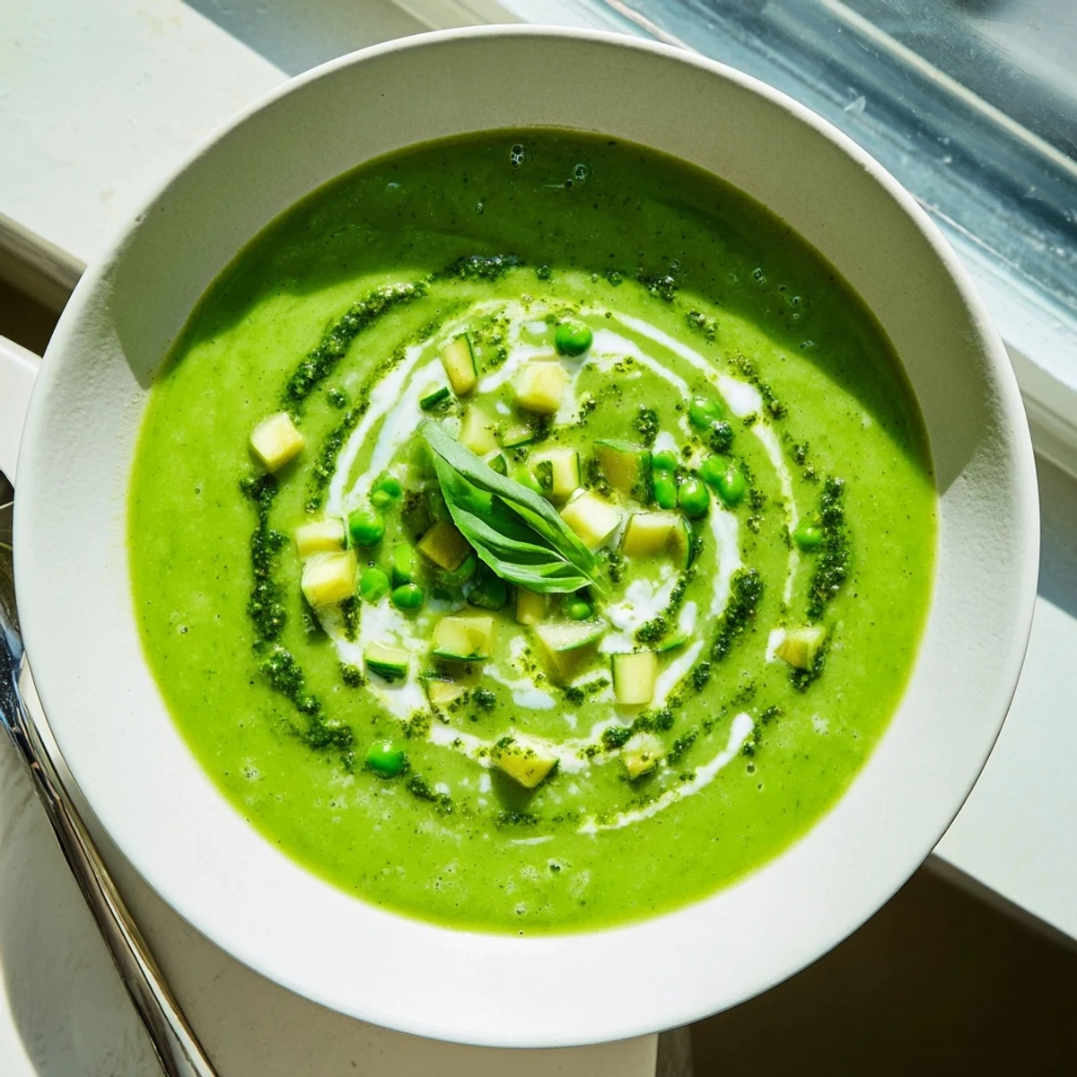 Freshly blended Courgette, Pea and Pesto Soup garnished with basil leaves, ready to pair with crusty bread for dipping.