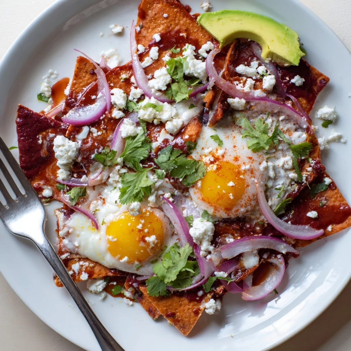 Crispy tortilla chips coated in zesty salsa verde, topped with a sunny-side-up egg and fresh cilantro garnish.
