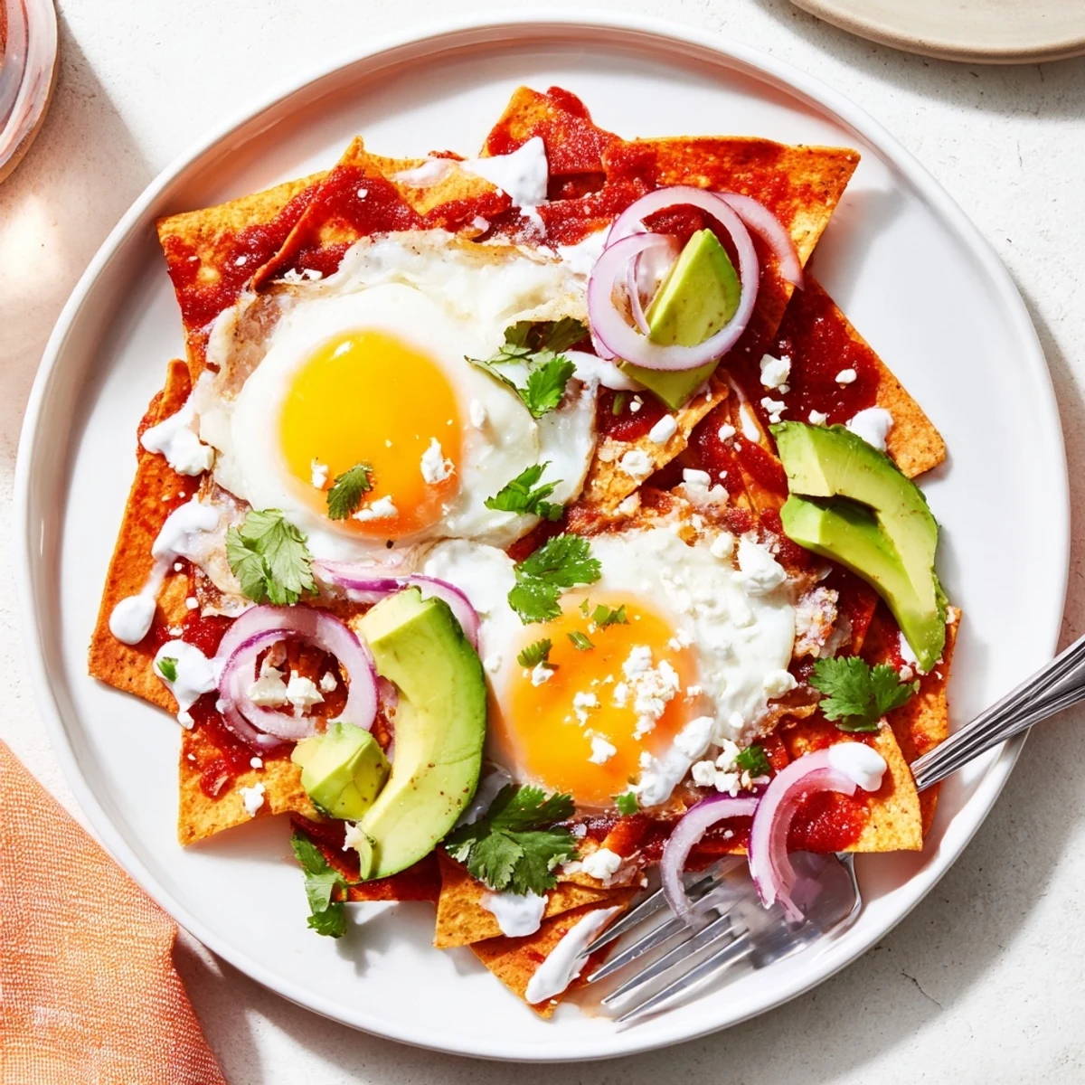 Vibrant Mexican chilaquiles with red onions and jalapeños, served warm for an energizing morning meal.