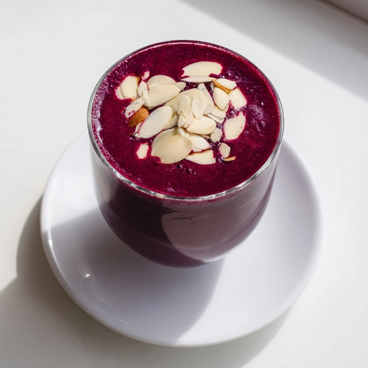 Two servings of vibrant Cherry Almond Smoothie beside a bowl of fresh cherries, a breakfast-ready blend with almond butter swirls.