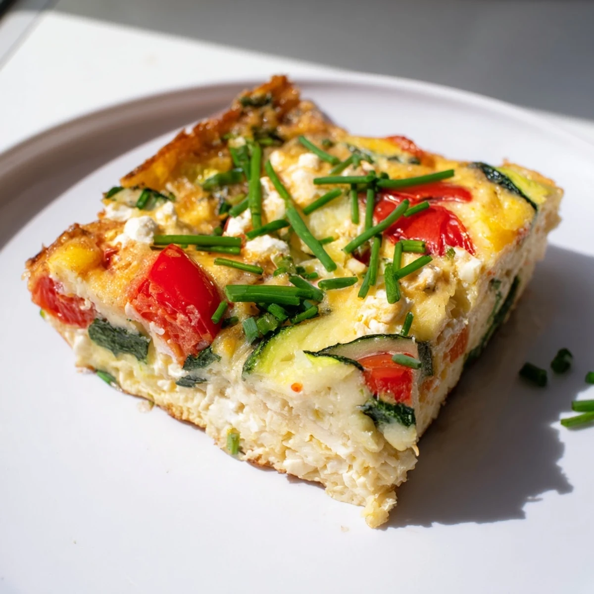 Fluffy sheet pan eggs topped with fresh herbs and colorful veggies, ready to slice for meal prep.