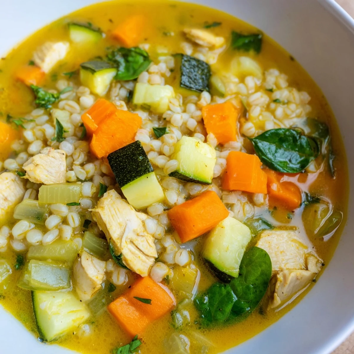 Golden, comforting Soothing Turmeric Chicken With Pearl Barley steaming in a bowl.