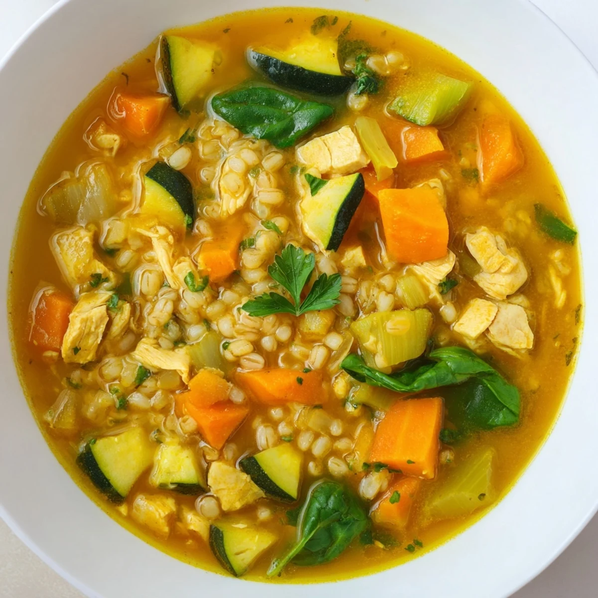 Cozy Soothing Turmeric Chicken With Pearl Barley, perfect for a nourishing lunch or dinner.