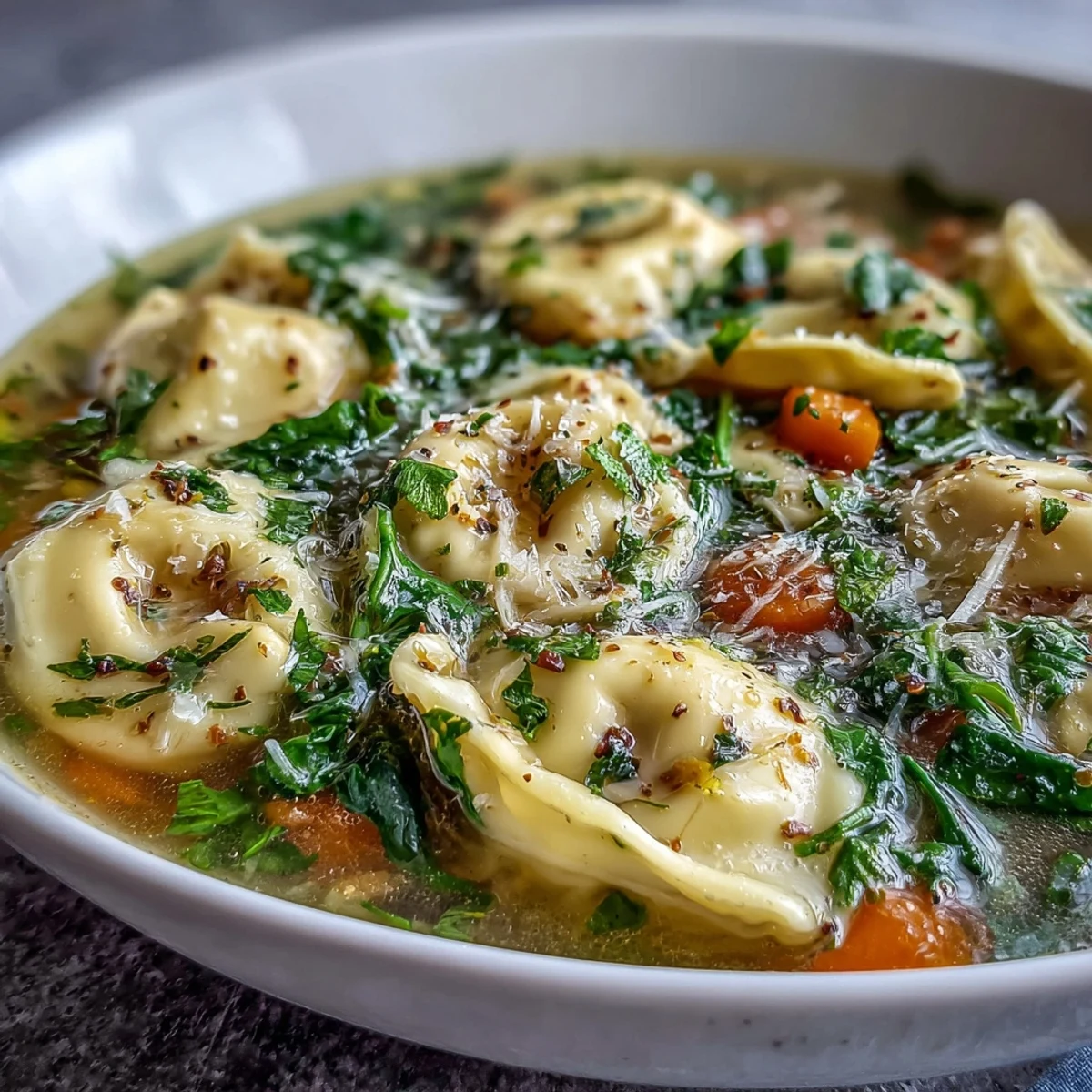 A bowl of creamy Easy Tortellini Soup With Chicken Broth, topped with fresh parsley and Parmesan cheese, next to crusty bread.